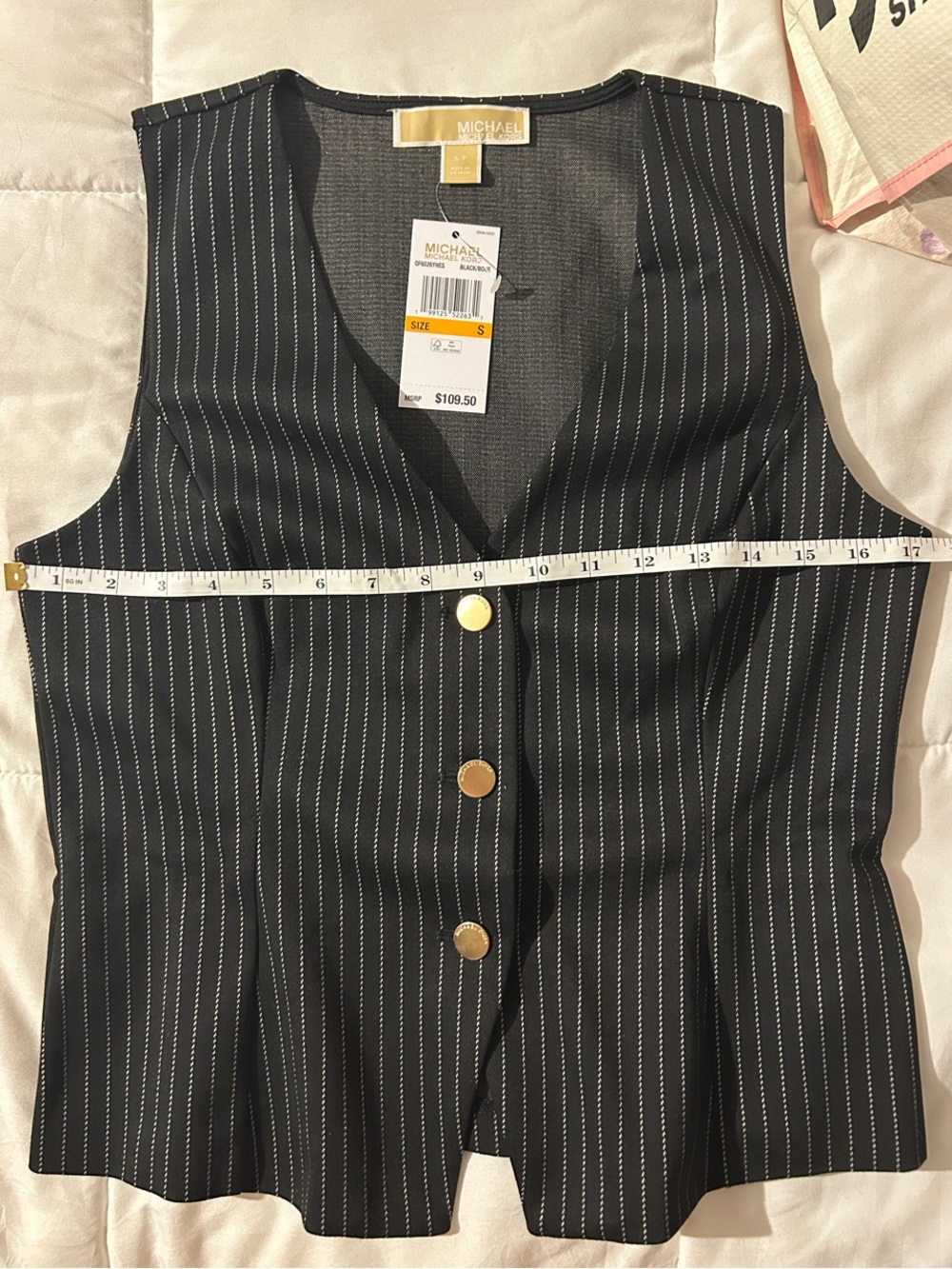 MICHAEL KORS Black Pinstripe Button-Front Vest with Gold Buttons